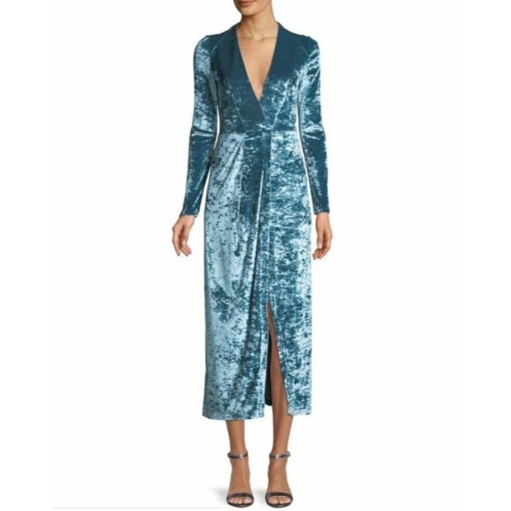 Galvan London Blue Velvet V-Neck Faux  Wrap Cocktail Dress SZ 12 NWT